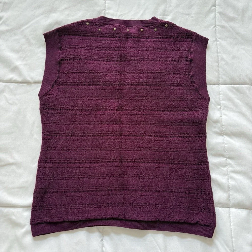 Nanette Lepore Sweater Vest Womens Large Purple Merino Wool Beaded Luxury Preppy